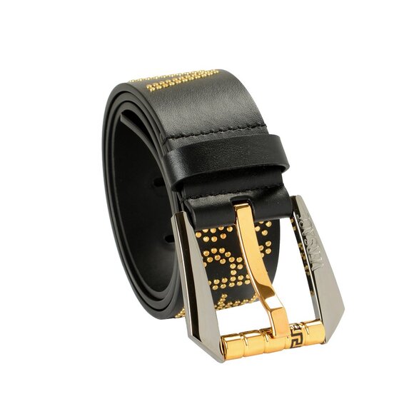 Versace Black 100%Leather Gold Color Metal Logo Studs Decorated Belt US 38 IT 95 - Picture 1 of 6